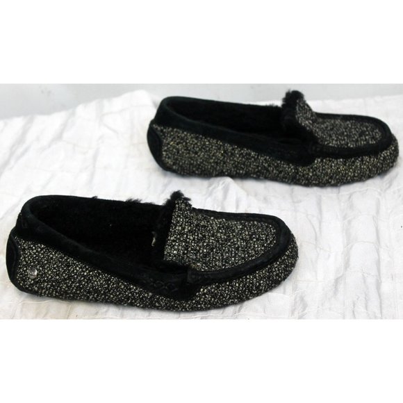 UGG Black Woman's House Slippers Size 7 Slip On Wool Lining Tweed Woven - Picture 3 of 11